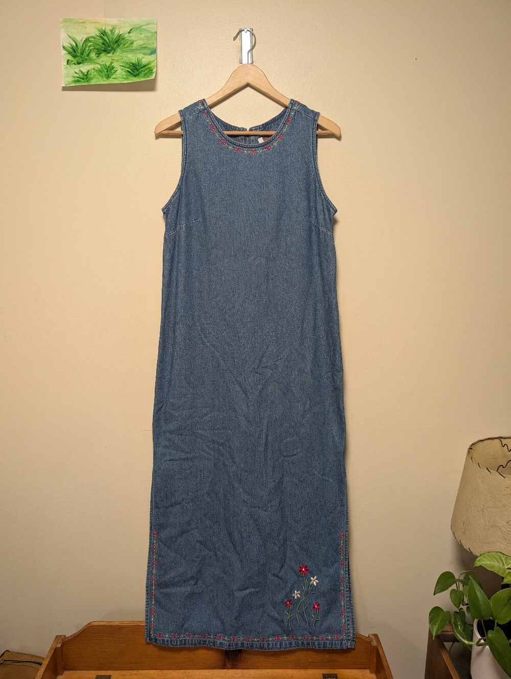 Live a Little Size S Denim Maxi Dress Floral Embroidered 90s Cottagecore - Picture 3 of 7